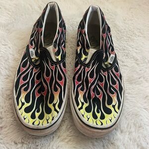 Vans Black and Yellow Flame Slip-Ons women’s 8.5/mens 7